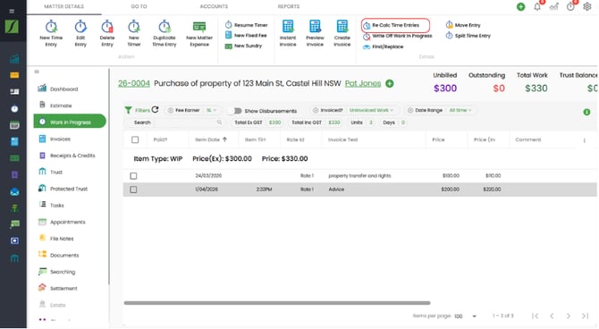 Recalculate time entry